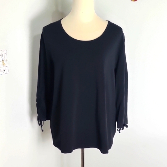 Blair Tops - Blair Black Pullover Top with 3/4 Sleeves with Ruching & a Tie, Size 2X